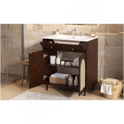 Meuble-lavabo de 30 po avec lavabo en céramique, meuble-lavabo à cadre en bois avec tablette réglable, tiroir à bout, panneaux avant en rotin