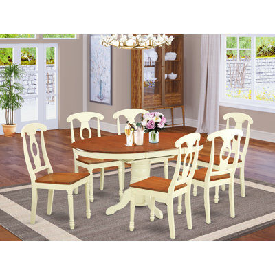 7 Piece Modern Dining Table Set Consist of an Oval Wooden Table with Butterfly Leaf and 6 Kitchen Dining Chairs, Buttermilk & Cherry