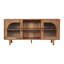 Console de meuble télé 64 pouces, 2 armoires et tablettes en verre arqué, bois de manguier brun noyer