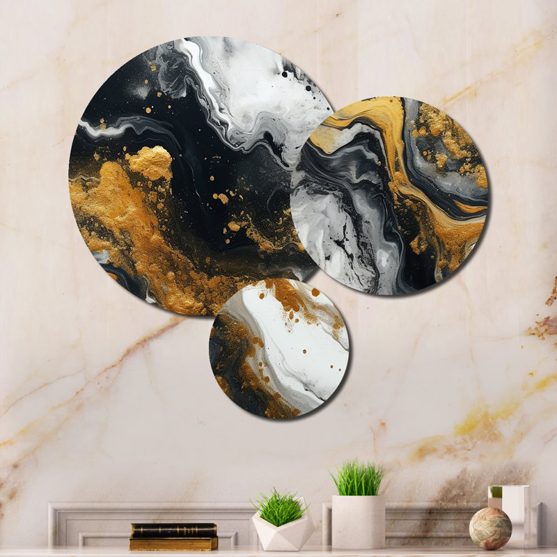 Gold Black Veins of Color II - Abstract Metal Art Print Set