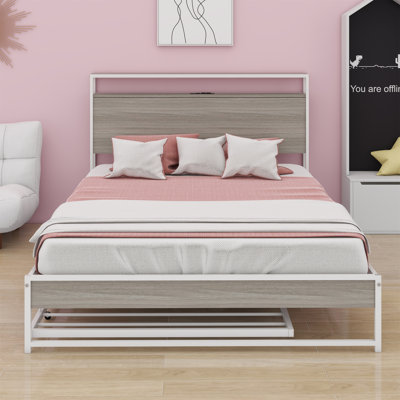 Metal Platform Bed Frame With Trundle, USB Ports And Slat Support