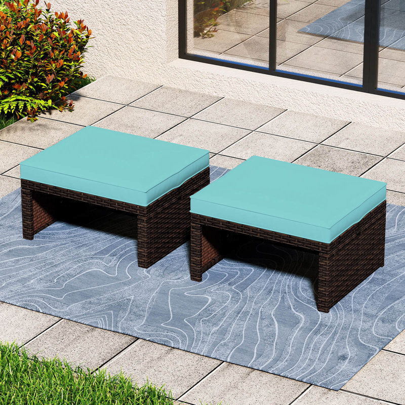 2 repose-pieds en rotin avec 2 coussins à fermeture à glissière pour terrasse, Turquoise