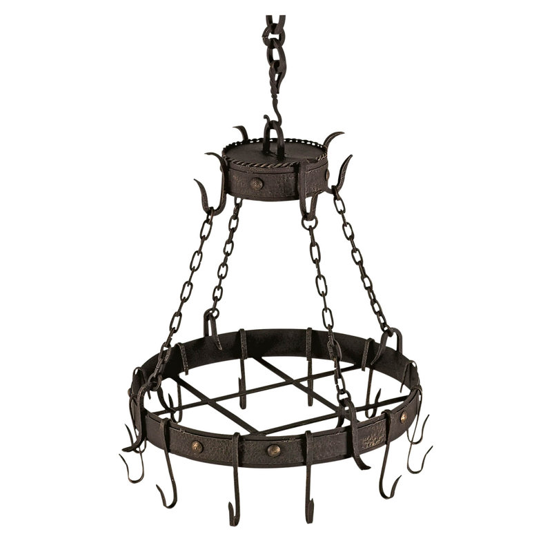 Metal Handcrafted Round Hanging Pot Rack, 32" H x 42" W x 42" D, Antique Old World
