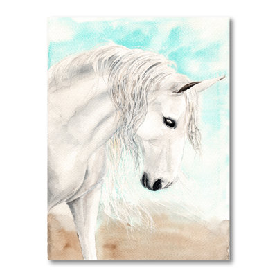 Portrait d'un cheval blanc avec une longue crinière blanche - reproduction sur toile