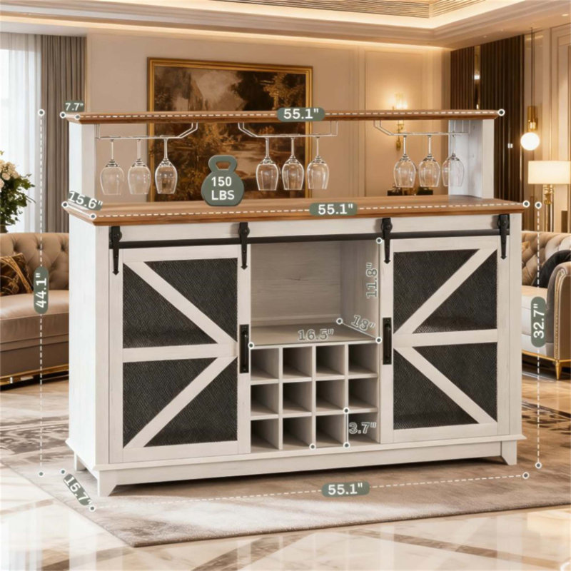 Armoire-bar Farmhouse avec lumières DEL et rangement pour bouteilles de vin pour un usage domestique polyvalent
