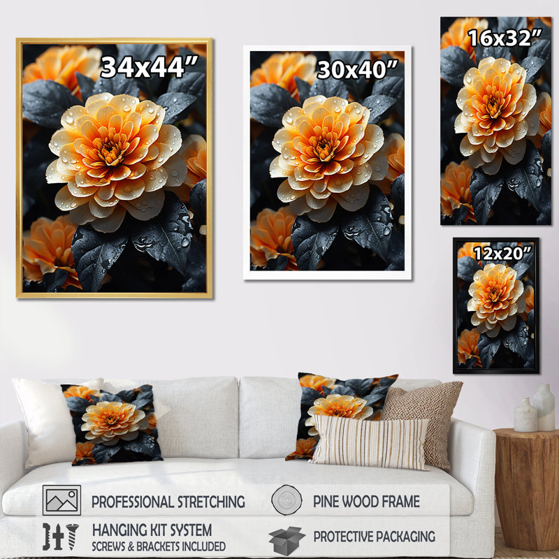 Volrad - champ de fleurs de corail, souci doré - impression, Cadre photo noir, H 32 po x l 16 po x P 1 po