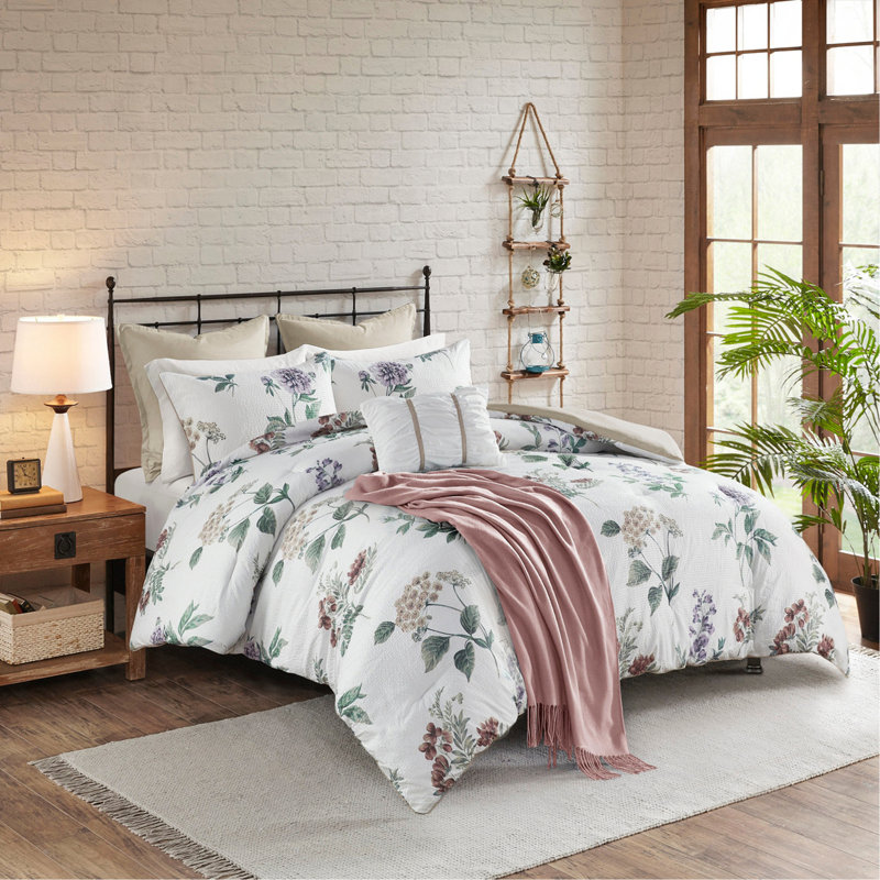 Ensemble d'édredon imprimé 7 pièces avec couverture en jeté taupe / rosé, Édredon de très grande taille et 6 pièces suppl