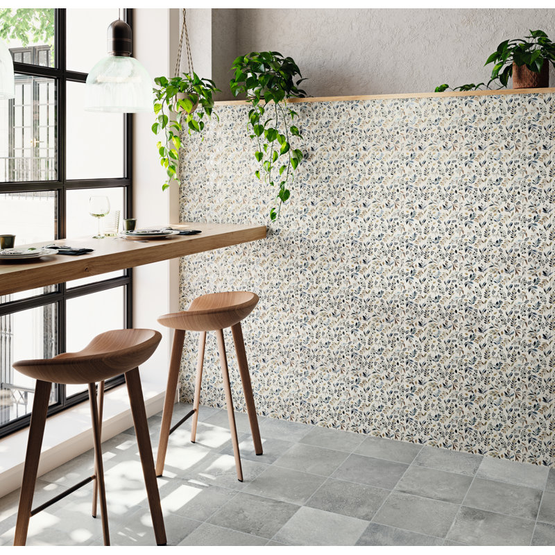 Garden 10" x 10" Porcelain Floral Wall & Floor Tile, Blue/Beige