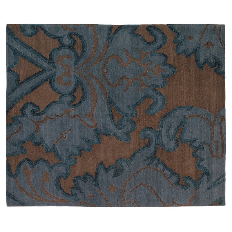 Implied Damask Area Rug in Blue/Brown, Rectangle 9' x 12'