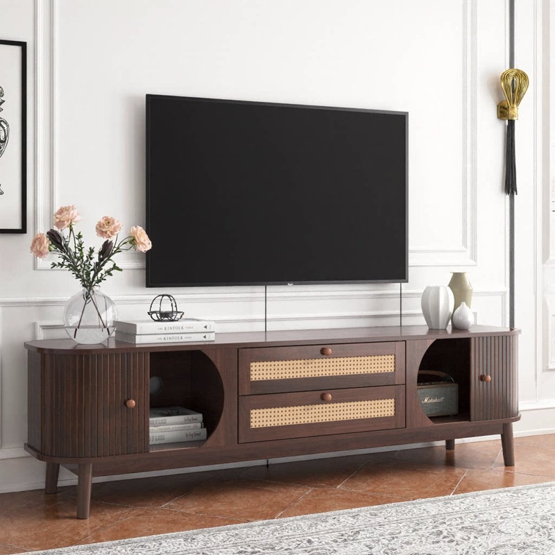 Rattan TV Stand for 75" TVs, 67" Farmhouse Media Console, Solid-Wood Legs, Cable Hole, Brown