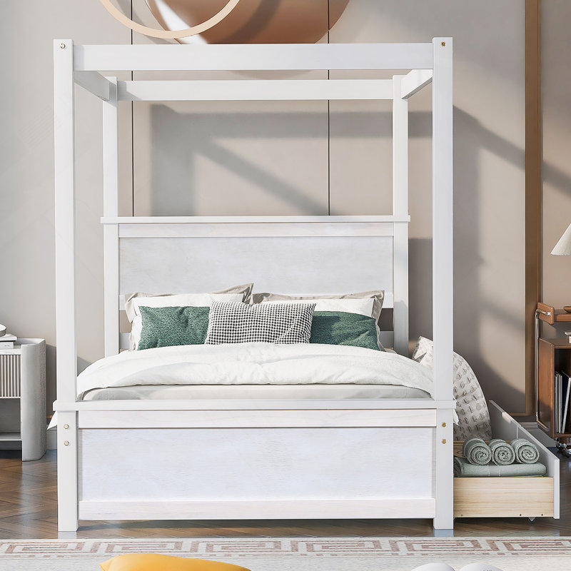 Wood Canopy Bed with Two Drawers, Full Size Canopy Platform Bed with Support Slats