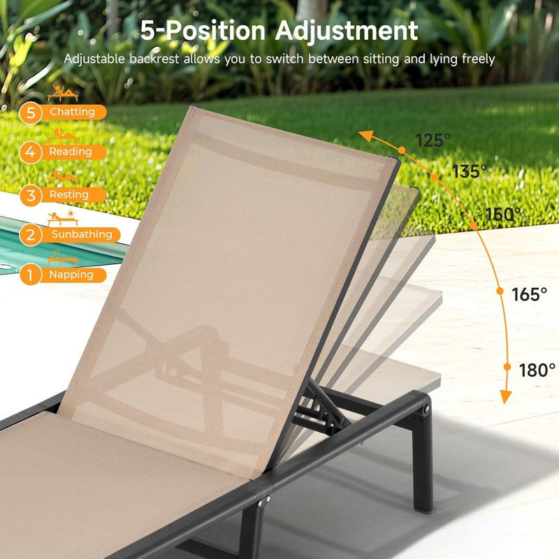 Outdoor chaise longue, foldable, assembly-free, with 5-position adjustable backrest