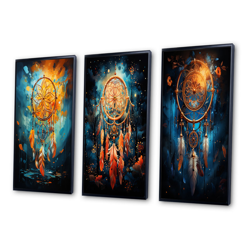 «Mystic Dreamcatcher Dreamscape», 3 pièces sur toile, H 40 po x l 60 po, Cadre noir