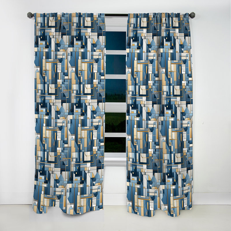 Mosaïque géométrique bleu et cobalt terreux - Rideau occultant géométrique abstrait - 1 panneau, L 52 po x L 63 po
