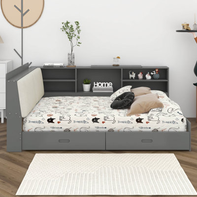 Base de lit plateforme avec tête de lit cachée, support rotatif, bibliothèque latérale et 2 tiroirs