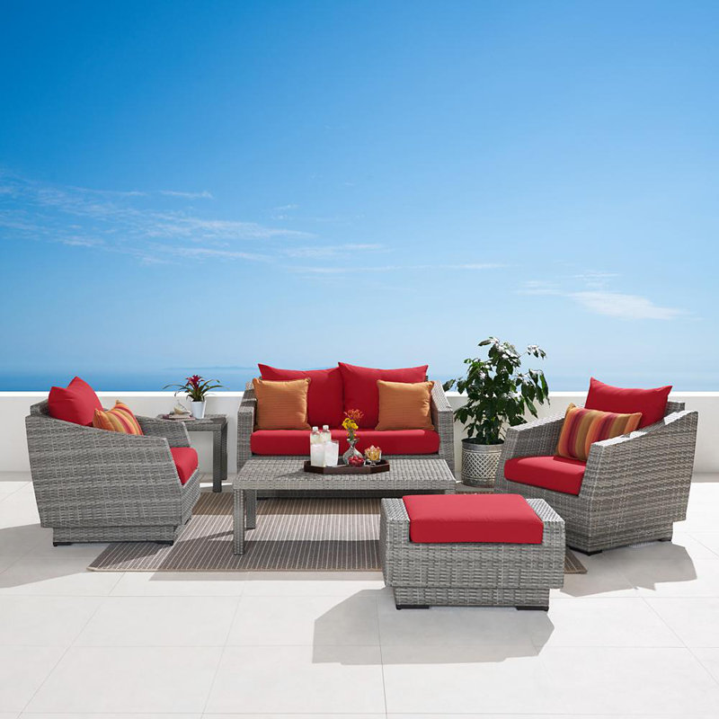 Fionnula 6 Piece Rattan Sofa Seating Group With Sunbrella Cushion Covers, Canvas Jockey Red Sunbrella® Canvas