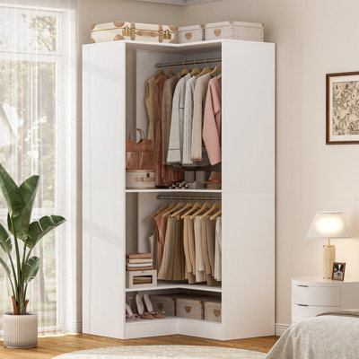 Organisateur de garde-robe de coin avec zones de suspension supérieure et inférieure et étagère à chaussures