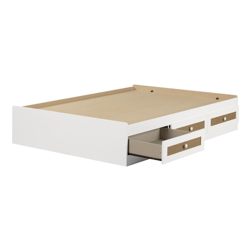 White Twin Platform Bed with Faux Rattan Drawers