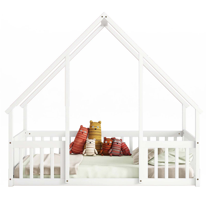 House-Shaped Floor Bed With Fence, Guardrails, Full/Double, White
