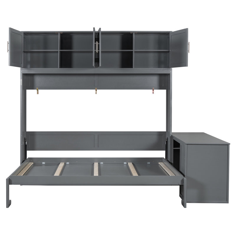 Grand lit escamotable mural avec bureau, tablettes de rangement et grandes armoires, gris, Gris