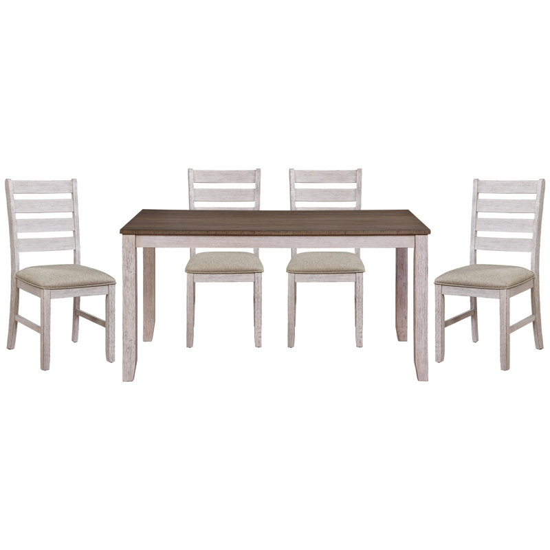 Ensemble de salle à manger 5 pièces - Table rectangulaire en bois et 4 chaises en tissu gris / blanc / brun