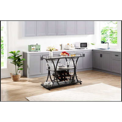 Chariot-bar industriel en métal durable avec roues, rangement à 3 niveaux pour le vin et les verres, parfait pour la maison et les réceptions.