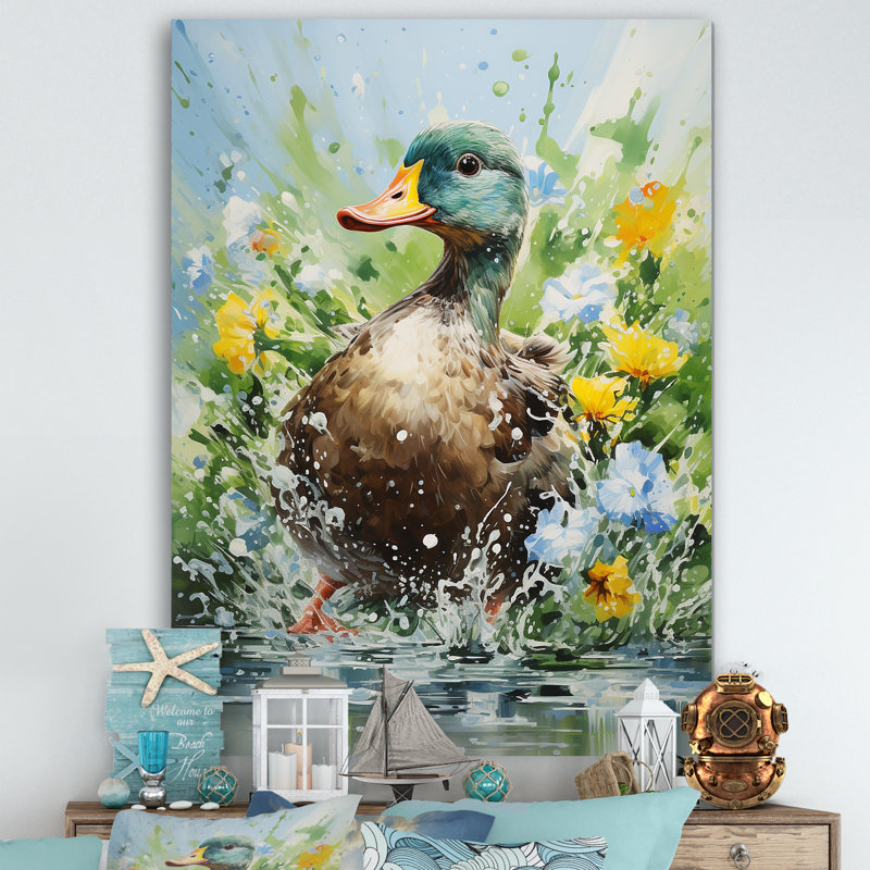 «Duck Springtime Splash Blooms», art mural canard, Toile tendue, 32" H x 24" W