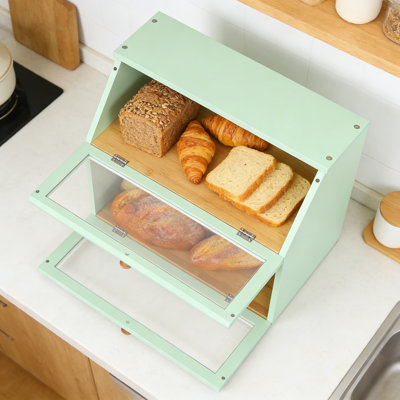 Double Layer Bread Box For Kitchen Counter, Large Capacity Wooden Bread Storage Bin With View Window, Keeps Bread Fresh For Days, Rustic Farmhouse Style
