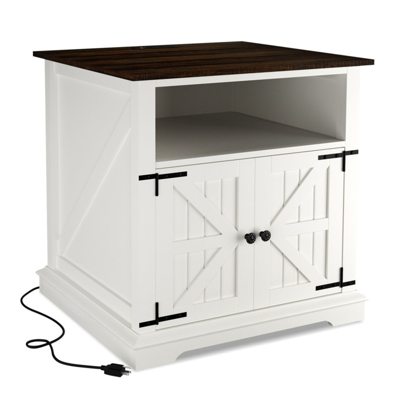 August Grove Farmhouse Nightstand With Charging Station, 24” Large End Table With Barn Doors