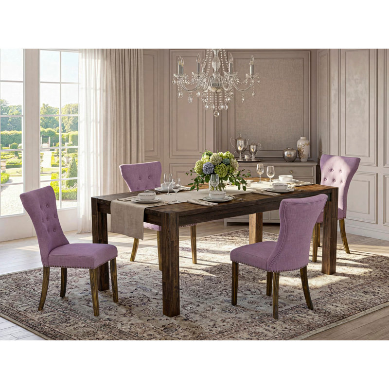 L'ensemble de table et de chaises de cuisine 5 pièces comprend une table de salle à manger rectangulaire en bois rustique et 4 chaises rembourrées en lin Dahlia