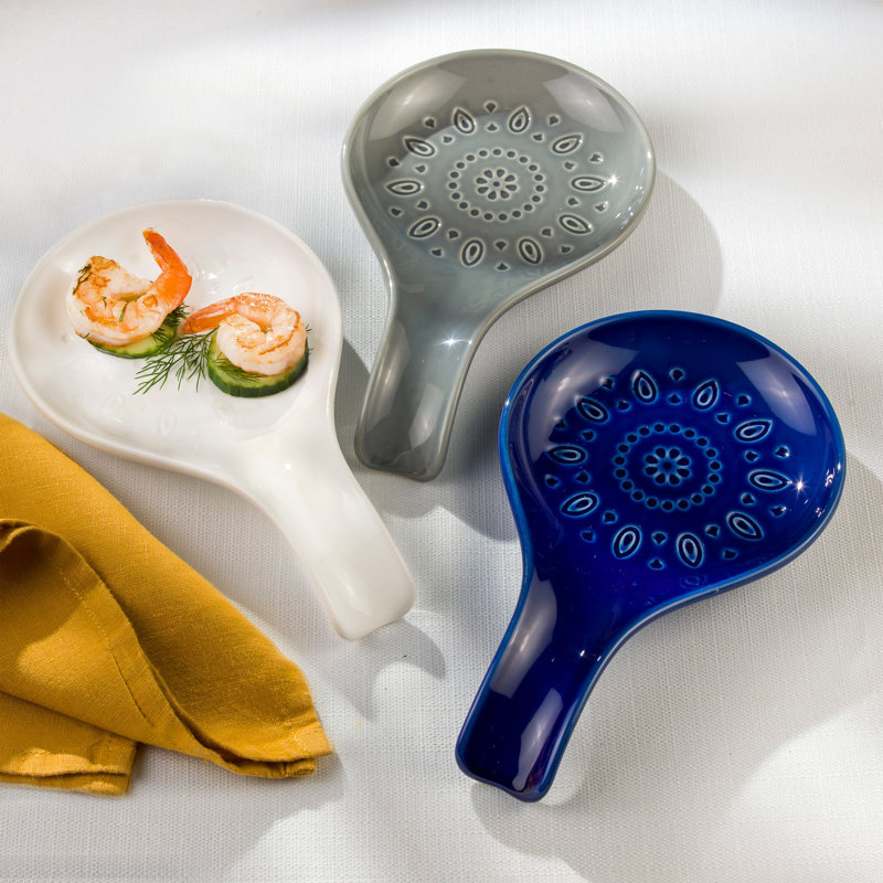 White Stoneware Spoon Rest with Intricate Design, 9.05 in.
