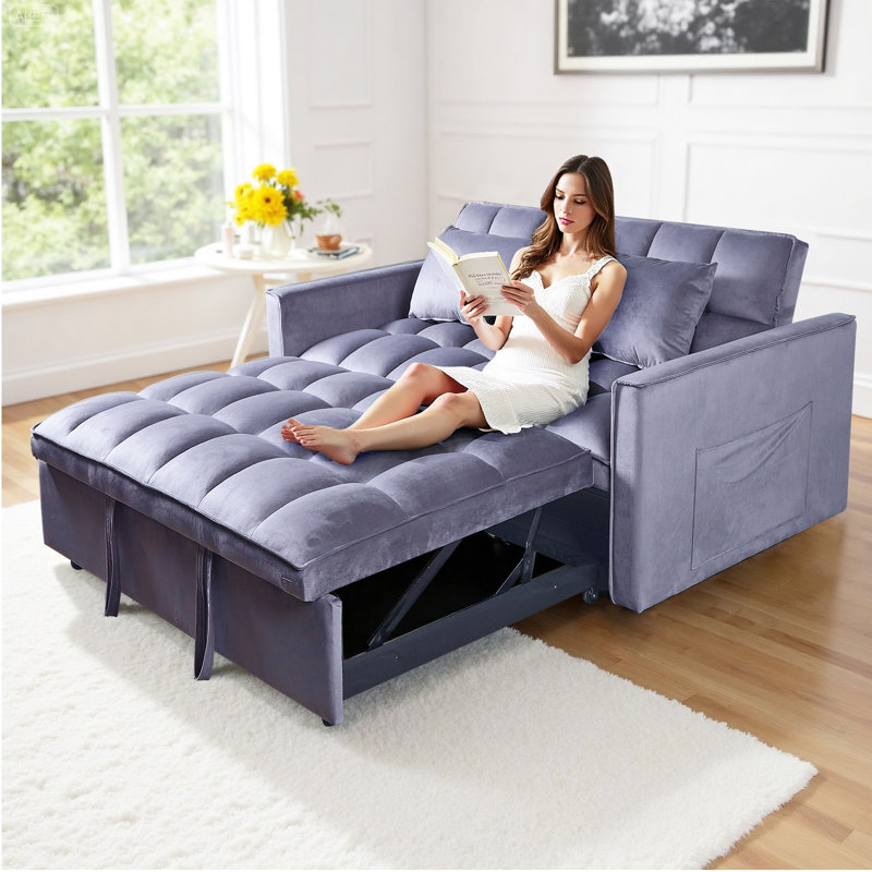3 in 1 Convertible Sleeper Sofa Bed, Holland Velvet Futon Couches, Chaise Lounge for Living Room with Side Pocket