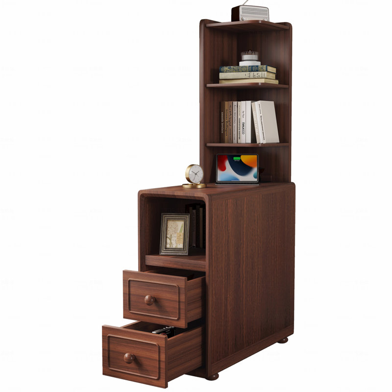 Table de bout avec tiroirs, table de coin avec tablettes ouvertes, table d'appoint haute