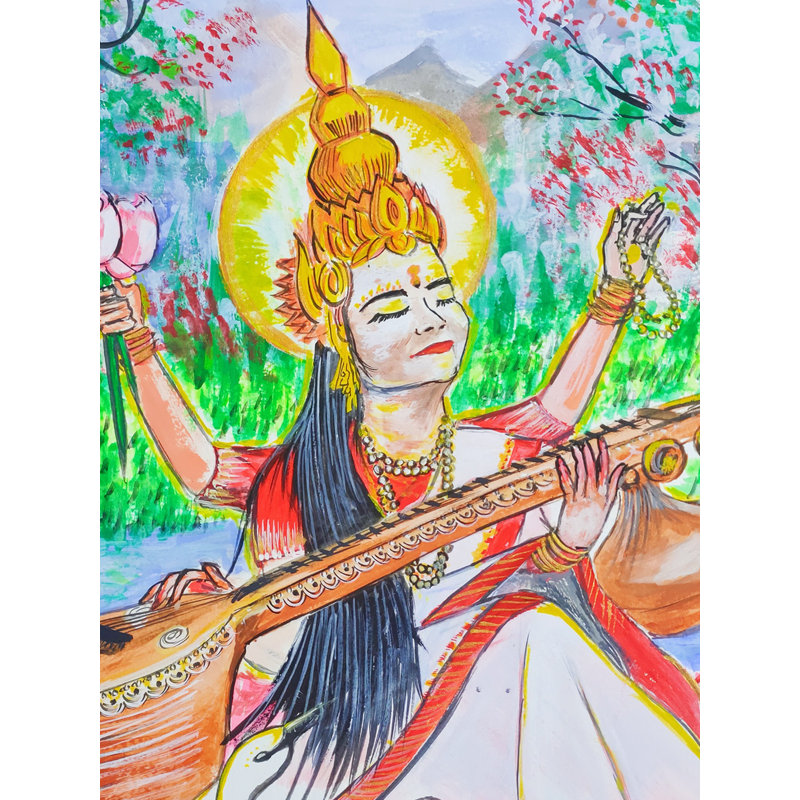Déesse Sharda, peinture à l'aquarelle | Œuvres d'art par Chetan Gautam