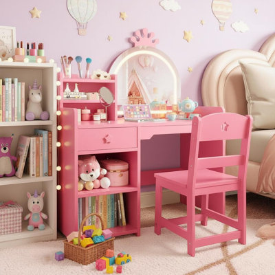 Kids Vanity Table and Chair Set with Mirror and Lights, White Makeup Vanity Desk with Drawer and Open Storage Shelves, Wooden Dressing Table for Littl