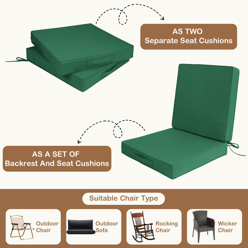 2-Pack 19x19x3 Inch Outdoor Chair Cushions - High-Density Foam Water-Resistant UV-Protected Removable Cover Seat/Back Cushions for Patio, Garden, Green