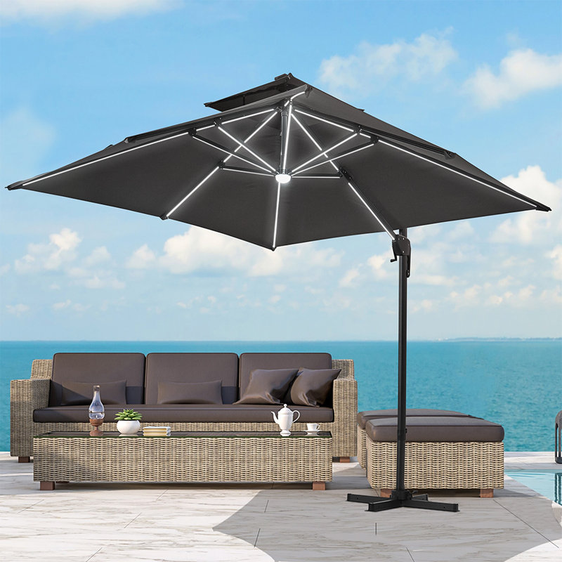 Anndee 3m Square Cantilever Parasol with LED Light, Light Grey