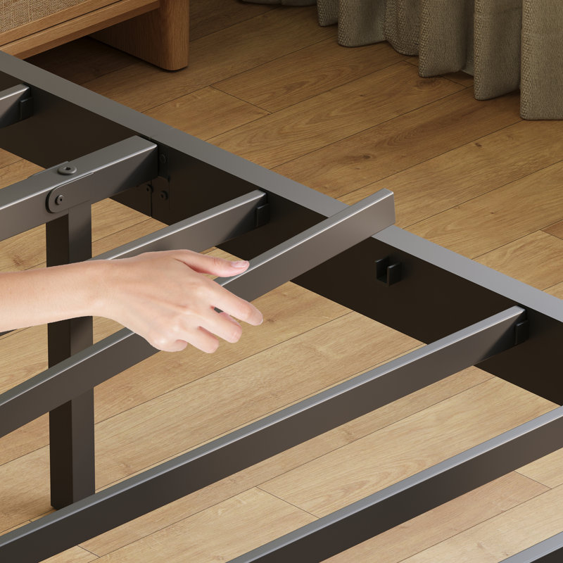 Lit plateforme en métal noir très grand Kynnleigh de 18 po avec tête de lit moderne, support en acier robuste, rangement sous le lit, aucun sommier tapissier requis