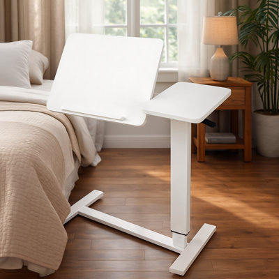 Lifesky Overbed Bedside Desk: Modern White Rolling Laptop Table - Adjustable Height Tilting Tray With Metal Frame For Adults Reading & Working In Bedroom - Comfortable Bed Sofa Side Table