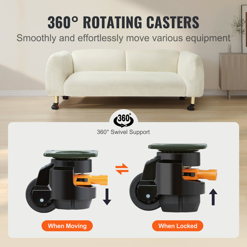 Stainless Steel Adjustable Twin Wheel Casters with Brake, Set of 4