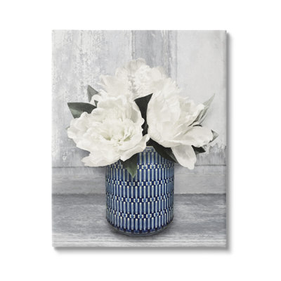 " Rustic White Peony Flower Blossoms Geometric Pattern Vase " by Lori Deiter