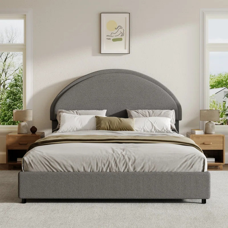 Ensemble de chambre à coucher 3 pièces, avec cadre de lit plateforme tapissier Boucle et base de bois ouverte, Gris, Double