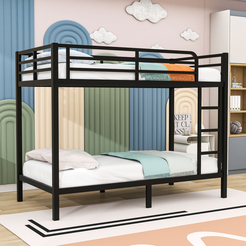 Metal Bunk Bed With Guardrails And Ladder, Black, Twin XL Over Twin XL