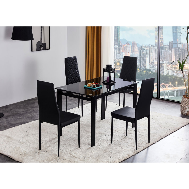 Noir 5 meubles de salle à manger avec table et chaise en cuir PU Chaises confortables en verre robuste