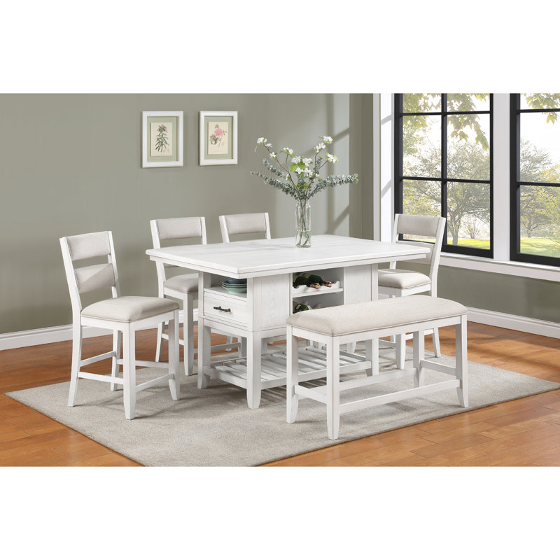 Table à hauteur de comptoir avec tiroirs, support à vin, finition blanche, rectangulaire, mobilier de style pour la salle à manger, blanc, rangement, étable rectangulaire en bois