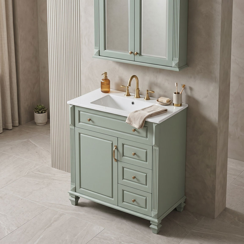 Meuble-lavabo de salle de bain avec comptoir en céramique, 3 tiroirs de rangement, tablette réglable et supports de porte