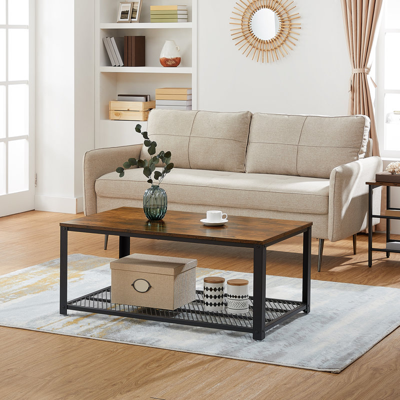 Aplington Floor Shelf Coffee Table with Storage, Rustic Brown Top/Black Base