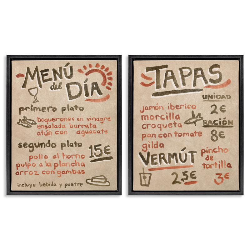  Ensemble de 2 toiles flottantes Travel Tapas menu par June Erica Vess, Cadre flottant noir de jais, H 21 po x l 17 po