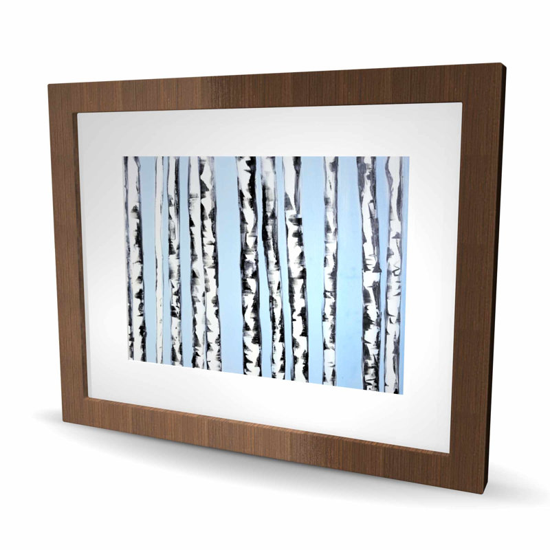 Bouleaux sur fond bleu - reproduction encadrée mate pour la décoration, H 16 po x l 20 po