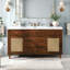 Meuble-lavabo de salle de bain avec lavabo SMC, grande armoire de rangement moderne avec tiroirs à fermeture en douceur et portes en rotin, boutons en métal argenté et 5 pieds en pin
